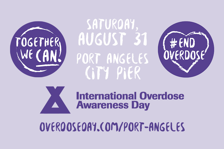 Graphic featuring light purple background with white and dark purple text related to International Overdose Awareness Day event details.