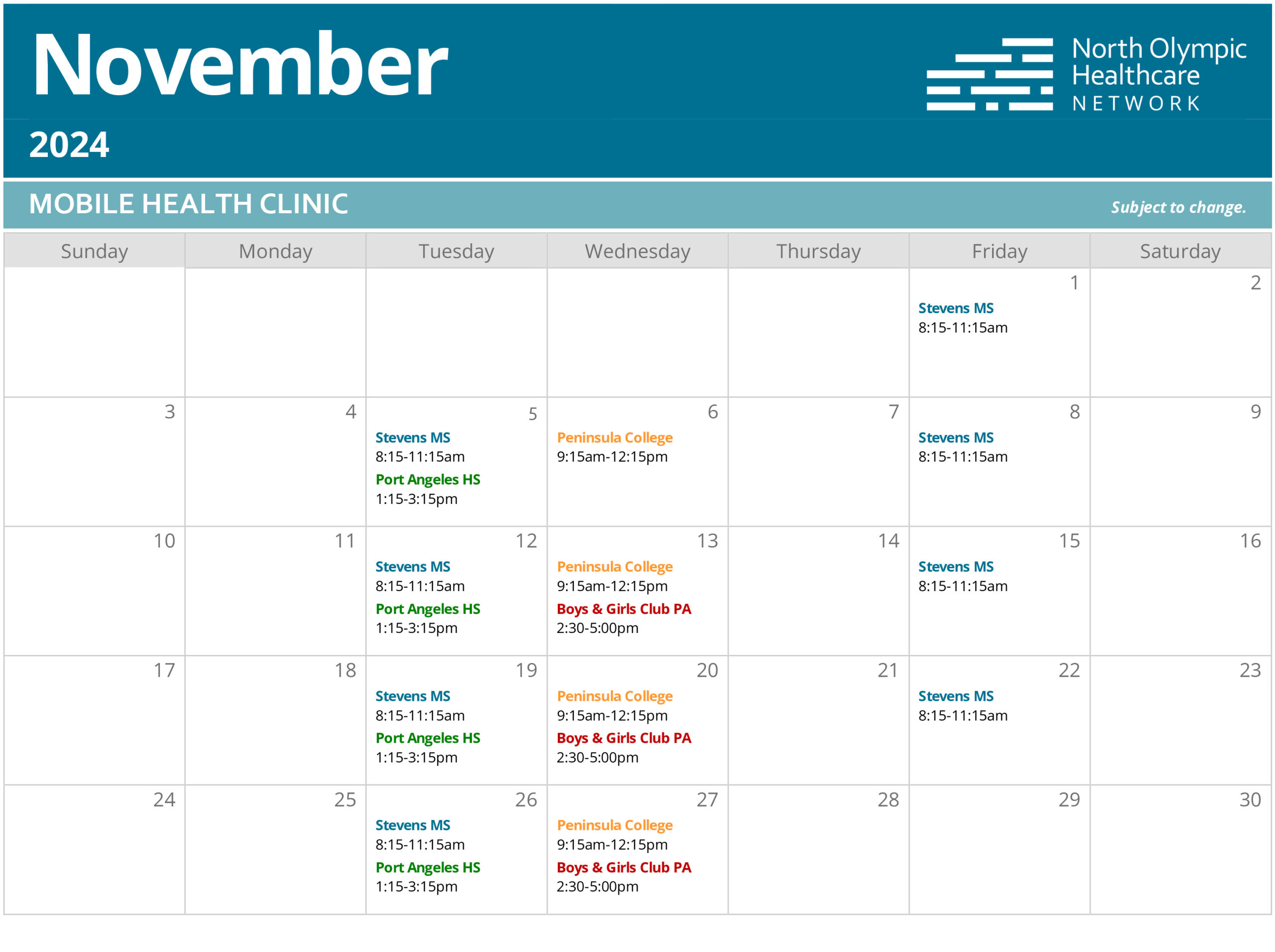 Calendar of Mobile Health Clinic visits in November 2024.