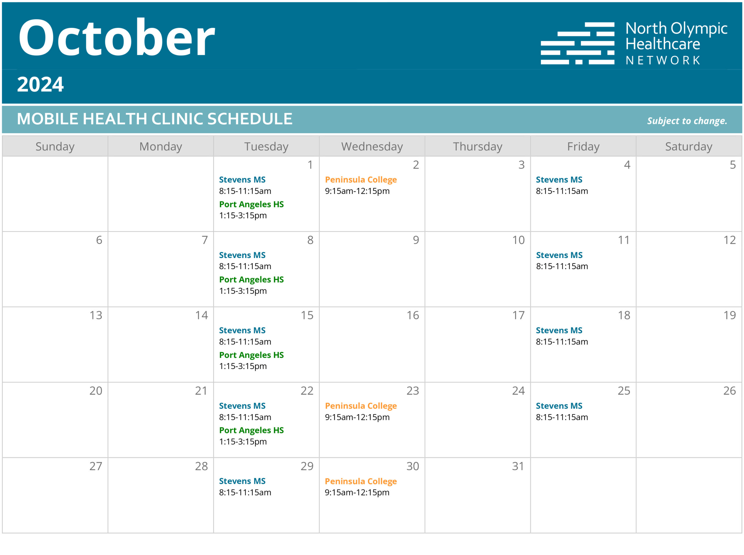 Calendar of Mobile Health Clinic visits in October 2024.