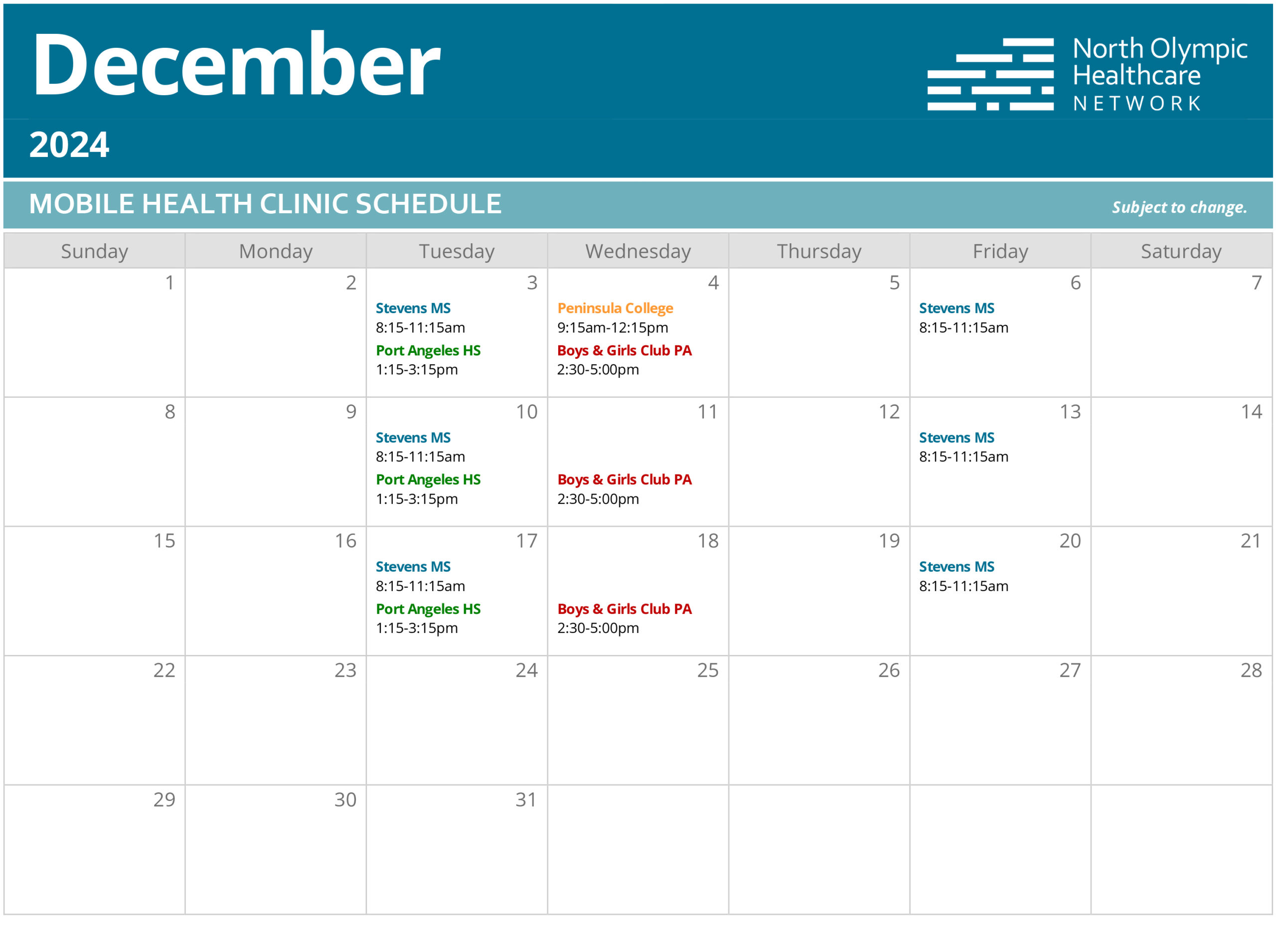 Calendar of Mobile Health Clinic visits in December 2024.