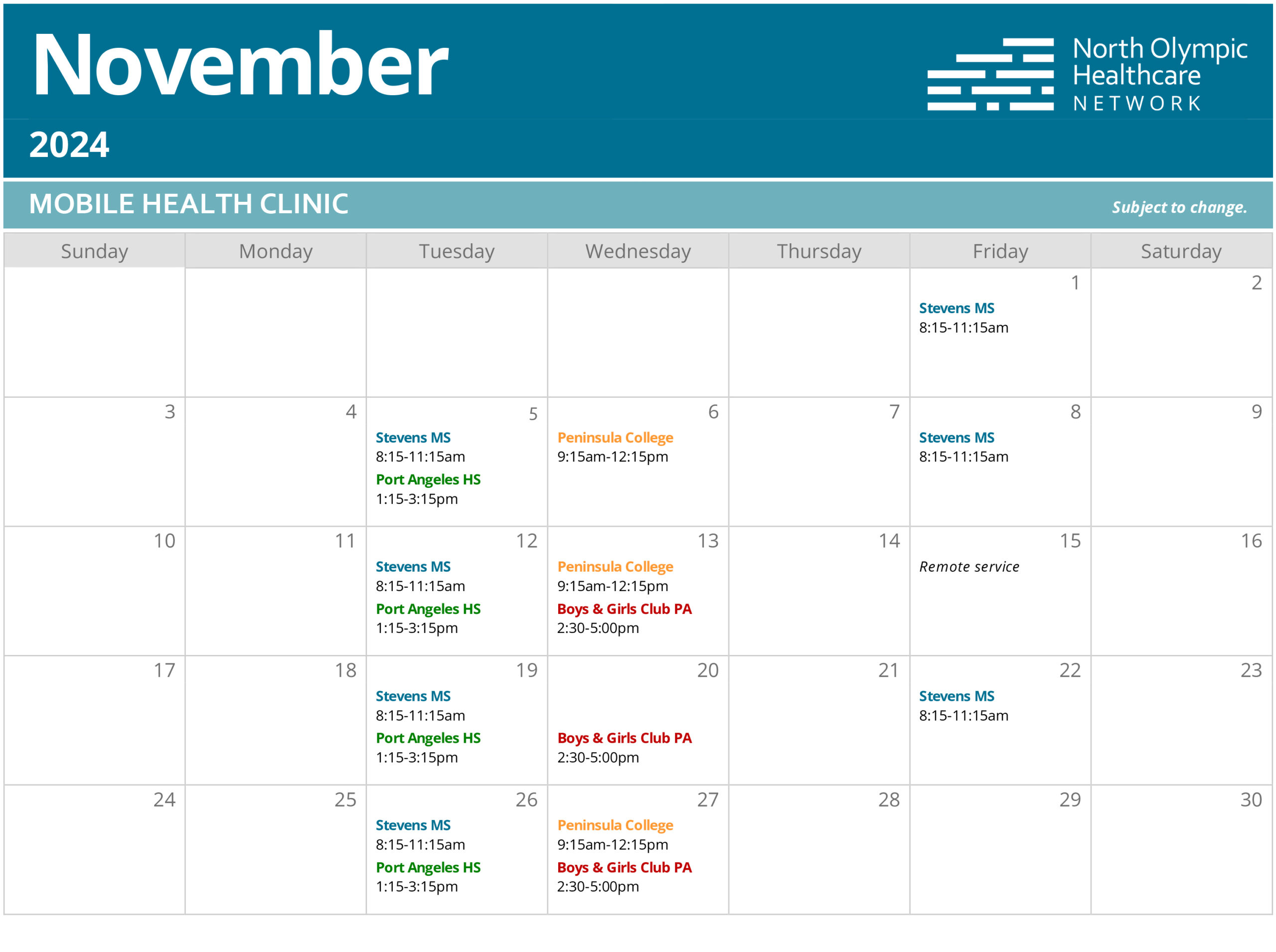 Calendar of Mobile Health Clinic visits in November 2024.