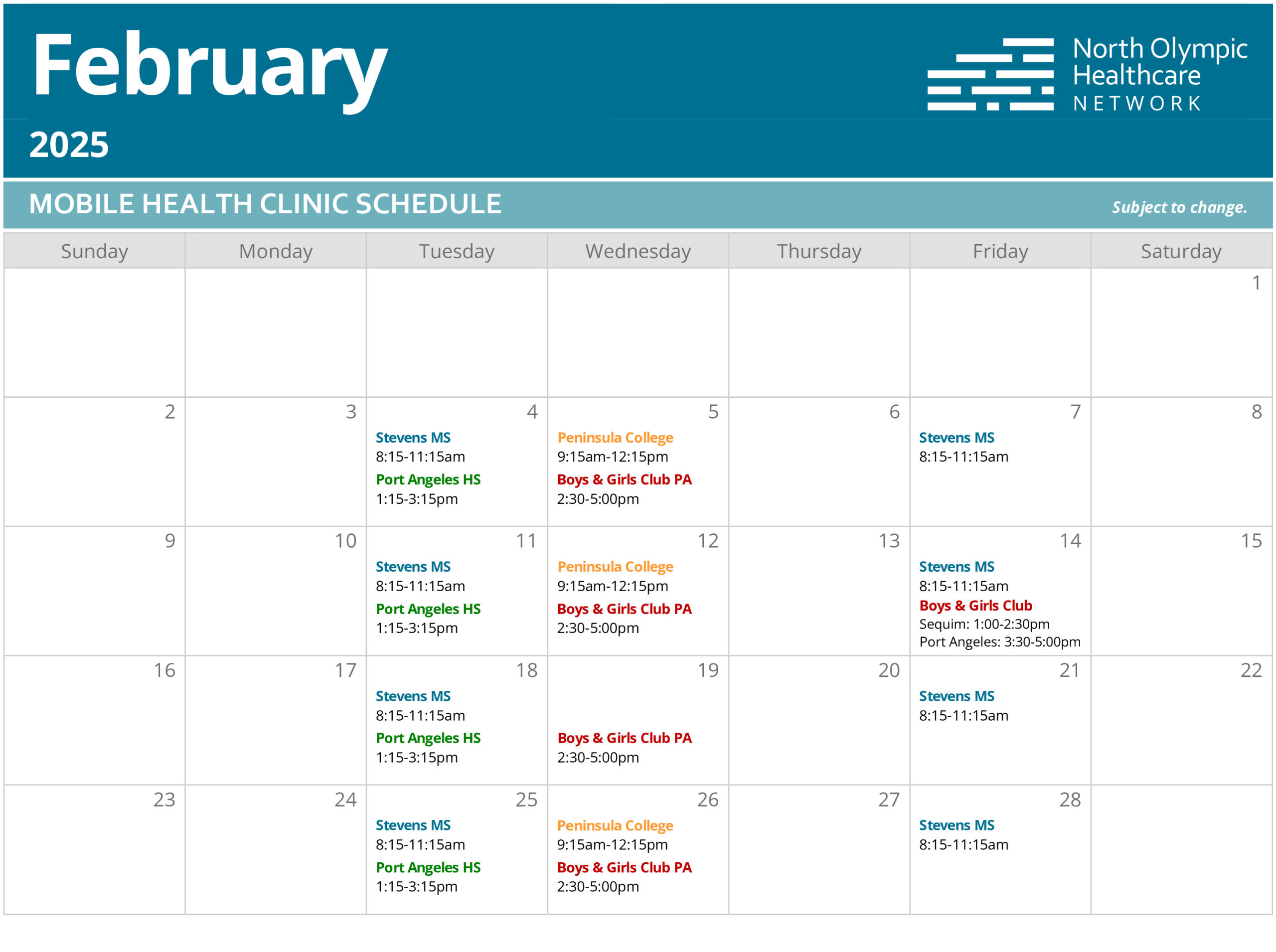 Calendar of Mobile Health Clinic visits in February 2025.